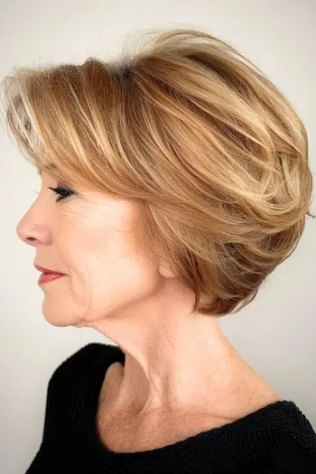가는 머리를 가진 60세 이상의 여성을 위한 레이어드 둥근 밥 짧은 헤어스타일.