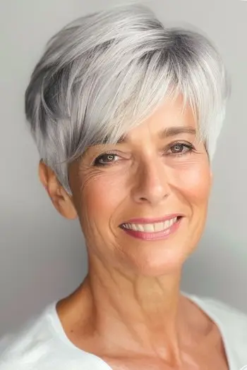 가는 머리를 가진 60세 이상의 여성을 위한 둥근 실버 픽시 짧은 헤어스타일.