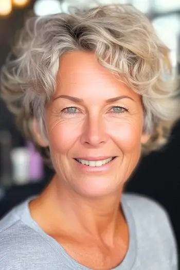 가는 머리를 가진 60세 이상 여성을 위한 곱슬 레이어 짧은 헤어스타일.