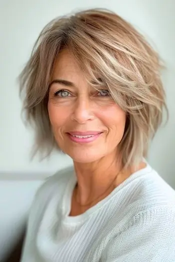 가는 머리를 가진 60세 이상 여성을 위한 측면 스윕 앞머리의 Wispy Bob 짧은 헤어스타일.