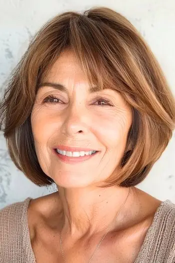 옆으로 쓸어넘긴 앞머리가 있는 턱 길이 밥 60세 이상 여성을 위한 가는 머리 스타일의 짧은 헤어스타일.