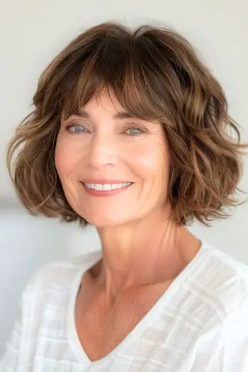 가는 머리를 가진 60세 이상의 여성을 위한 앞머리가 있는 레이어드 밥 짧은 헤어스타일.