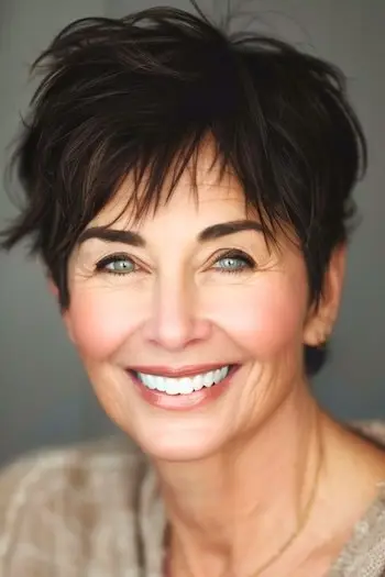 가는 머리를 가진 60세 이상의 여성을 위한 Tousled Pixie 짧은 헤어스타일.