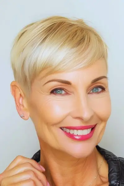 Pixie s hladkým okrajom a zúženým účesom pre ženy nad 60 rokov.