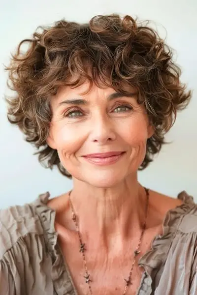 Kučeravý Pixie účes s ofinou pre ženy nad 60 rokov.