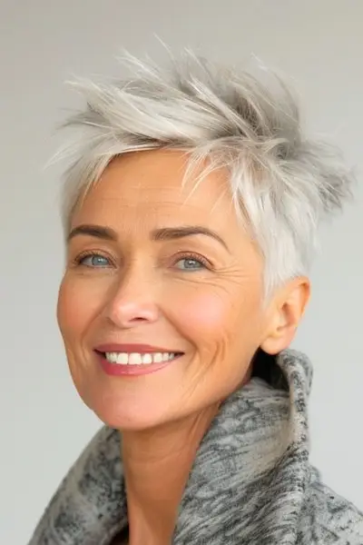 Rovný ostnatý strih Pixie pre ženy nad 60 rokov.