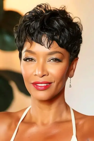 Kučeravý strih Pixie pre ženy nad 60 rokov.