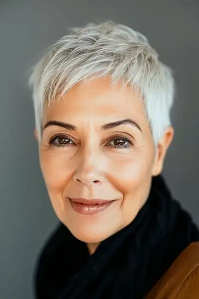 Krátky vrstvený strih Pixie pre ženy nad 60 rokov.