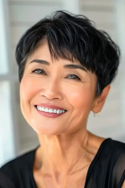 Rovný strih pre ženy nad 60 rokov. Pixie s ofinou