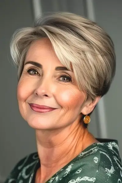 Elegantný strih Pixie strih na boku pre ženy nad 60 rokov.