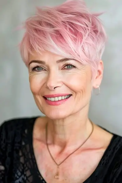 Živý ružový strih Pixie pre ženy nad 60 rokov.