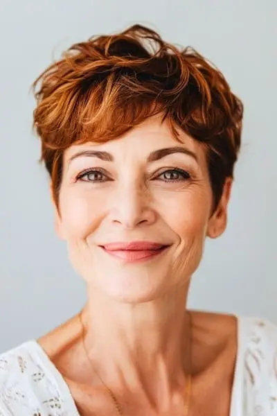 Krátky vrstvený pixie účes pre ženy nad 60 rokov.