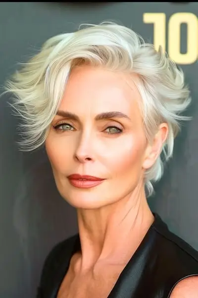 Odrastený pixie s účesom na boku pre ženy nad 60 rokov.