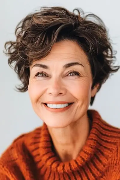 Objemný textúrovaný vlnitý Pixie účes pre ženy nad 60 rokov.