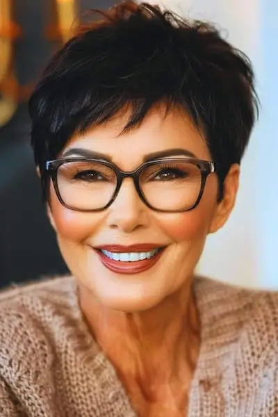 Strih Pixie s krátkou ofinou a okuliarmi Strih pre ženy nad 60 rokov.