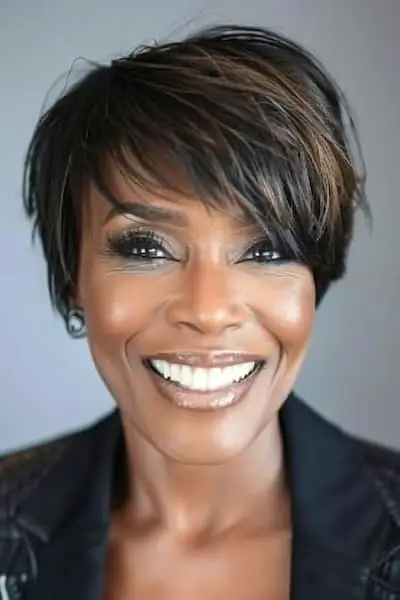 Vrstvený rovný strih Pixie pre ženy nad 60 rokov.