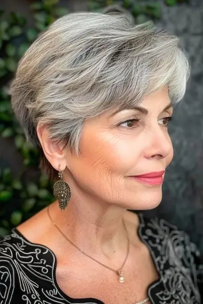 Účes Pixie s perím s textúrou pre ženy nad 60 rokov.