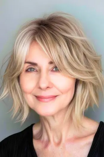 Tekstureret Choppy Layers mellemlang frisure på kvinde i 60'erne.