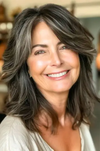 Salt- og peberlag mellemlang frisure på kvinde i 60'erne.