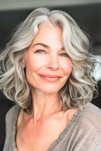 Tousled Silver Waves mellemlang frisure på kvinde i 60'erne.