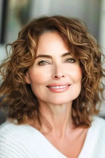 Krøllet mellemlang frisure på kvinde i 60'erne med fint hår.