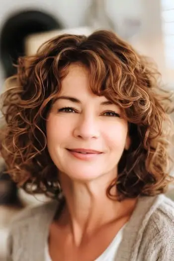 Teksturerede krøller med pandehår mellemlang frisure på kvinde i 60'erne.