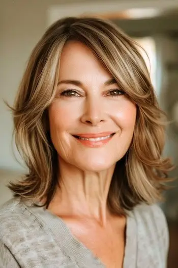 Fremhævet Wispy Layers mellemlang frisure på kvinde i 60'erne.