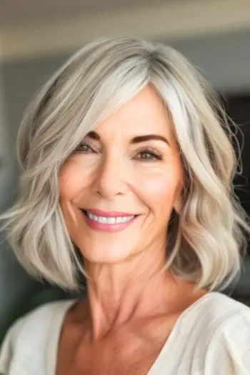 Bølget Lob med Side Bangs mellemlang frisure på kvinde i 60'erne.