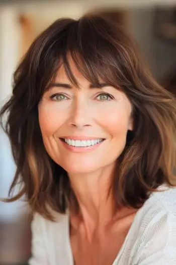 Pjusket lag med pandehår mellemlang frisure på kvinde i 60'erne.