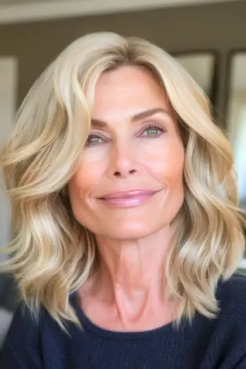 Bløde skulderlange bølger mellemlang frisure på kvinde i 60'erne.