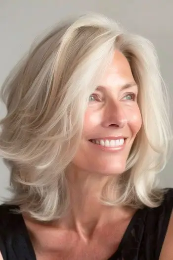 Wispy Feathered Layers mellemlang frisure på kvinde i 60'erne.