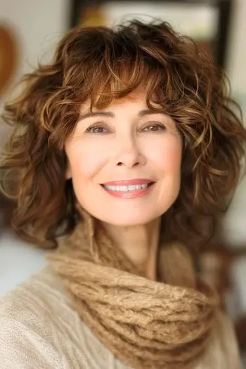 Krøllet Shag med pandehår mellemlang frisure på kvinde i 60'erne.