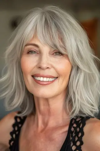 Medium Shag med pandehår Mellemlang frisure på kvinde i 60'erne.