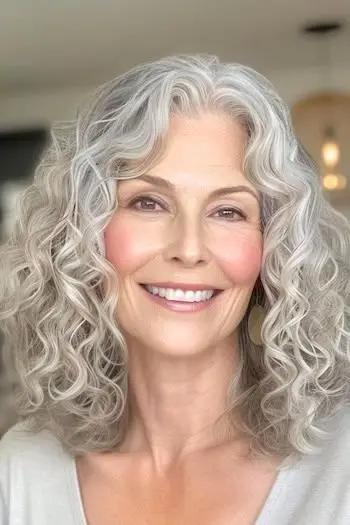 Silver Curls mellemlang frisure på kvinde i 60'erne.