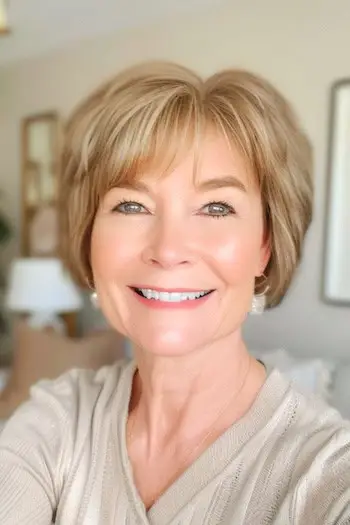 희미한 앞머리 헤어스타일의 짧은 레이어.