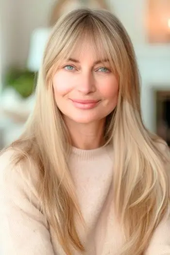 50세 이상의 여성을 위한 앞머리가 있는 긴 금발 머리 세척 및 착용 이발.