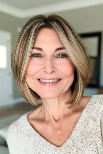 블런트 엔드 이발로 강조된 레이어드 밥.