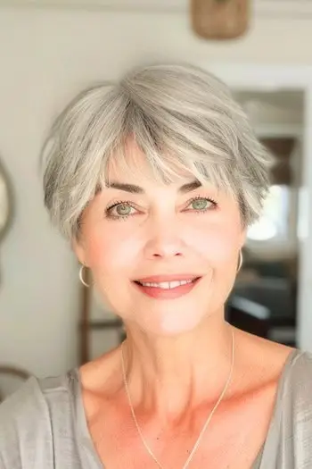 나이든 여성의 질감 있는 깃털 달린 픽시 워시 앤 웨어 이발.