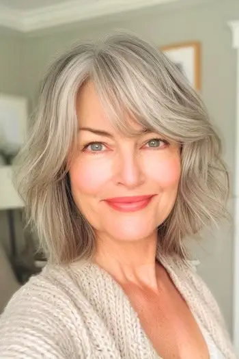 50세 이상의 여성을 위한 앞머리 워시 및 착용 이발이 있는 레이어드 밥.