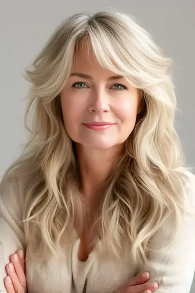 前髪のある50歳以上の女性のための、顔を縁取る前髪のあるロングシャグのヘアスタイル。