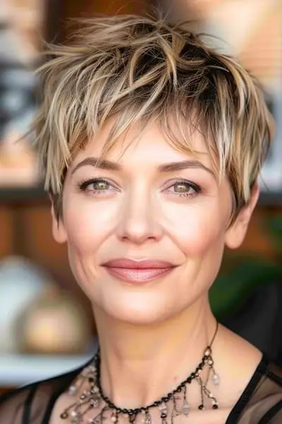 前髪のある50歳以上の女性のための、前髪のあるピース状のテクスチャードピクシーのヘアスタイル。