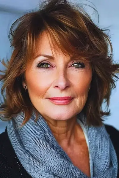 前髪のある50歳以上の女性のための、前髪のあるレイヤードクロップヘアのヘアスタイル。