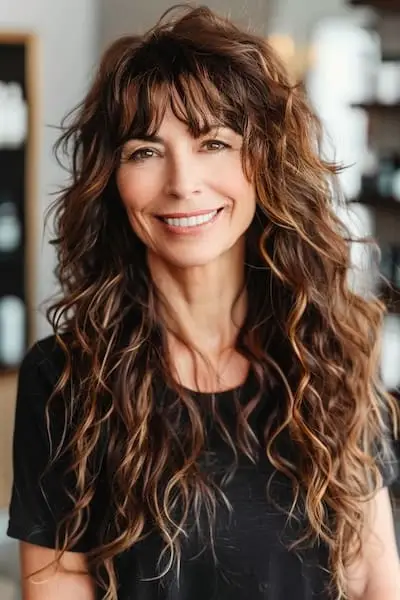 前髪のある50歳以上の女性のための前髪のあるロングカールのヘアスタイル。