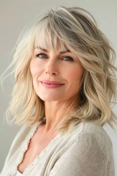 前髪のある肩の長さのレイヤードカール