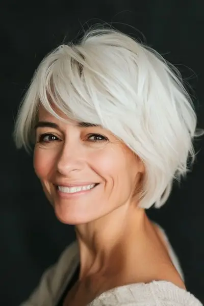 前髪のある50歳以上の女性のための、サイドに流した前髪のあるテクスチャードビクシーのヘアスタイル。