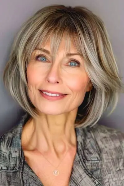 前髪のある50歳以上の女性のためのうっすらとしたフリンジのヘアスタイルのレイヤードボブ。