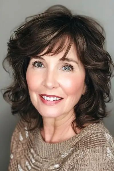 前髪のある50歳以上の女性のための、前髪のあるショートレイヤードカールのヘアスタイル。