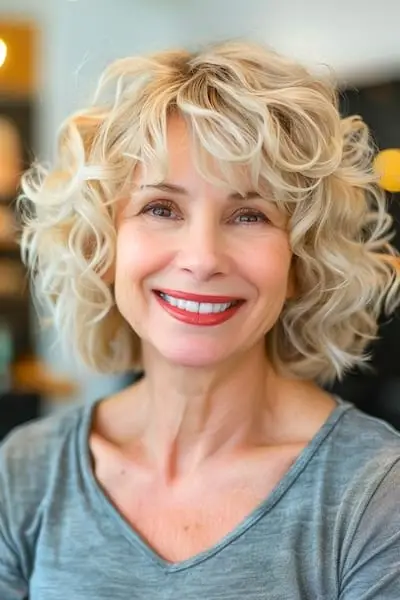 前髪のある50歳以上の女性のための、前髪のあるカーリーレイヤードボブのヘアスタイル。