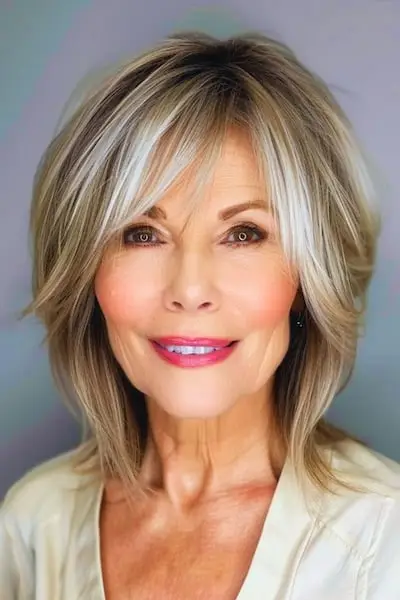前髪のある50歳以上の女性のための、前髪のある丸い羽根ボブのヘアスタイル。