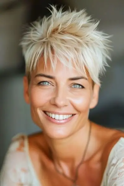 Účes špičatého Pixie s ofinou pro ženy nad 40 let s ofinou.